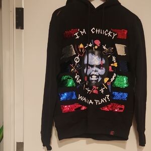 Black Sequin Graphic Hoodie "I'm Chucky Wanna Play?"